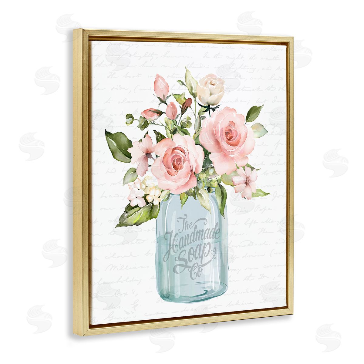 Lettered and Lined Pink Rose Blooms Country Vase Patterned Script  Gold Floating Frame Canvas Wall Art Print
