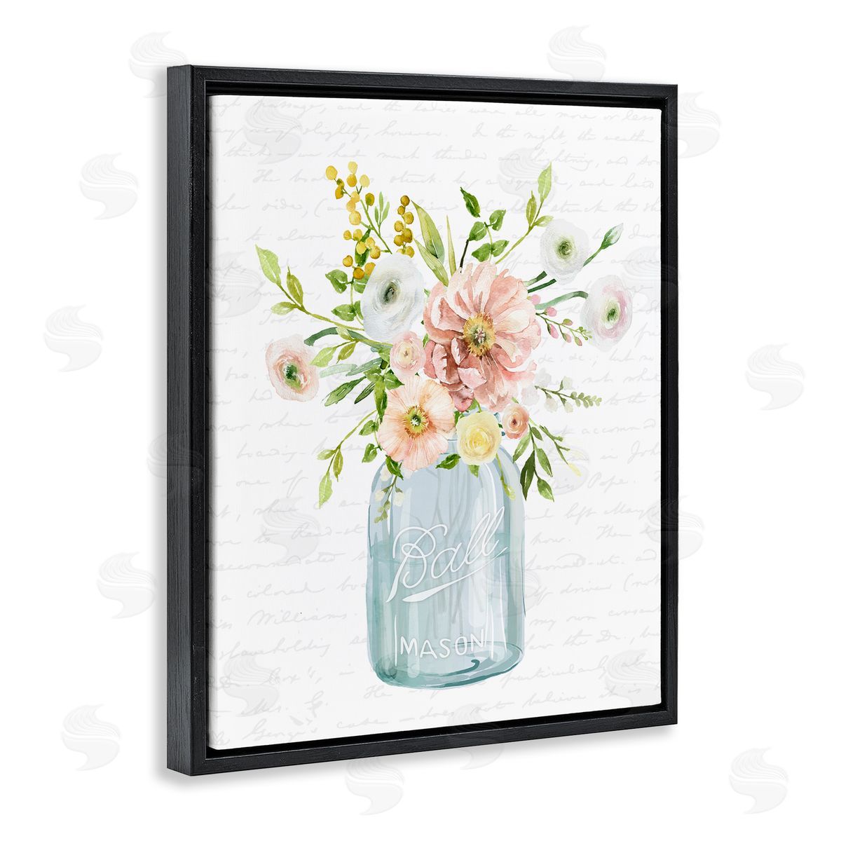 Lettered and Lined Varied Flower Blossoms Botanical Leaves Patterned Words Black Floating Frame Canvas Wall Art Print