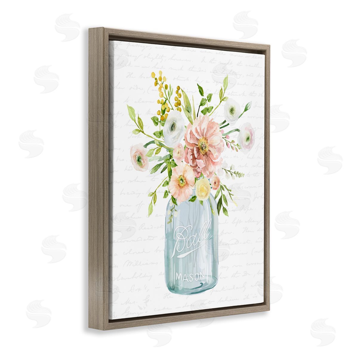 Lettered and Lined Varied Flower Blossoms Botanical Leaves Patterned Words Brown Floating Frame Canvas Wall Art Print
