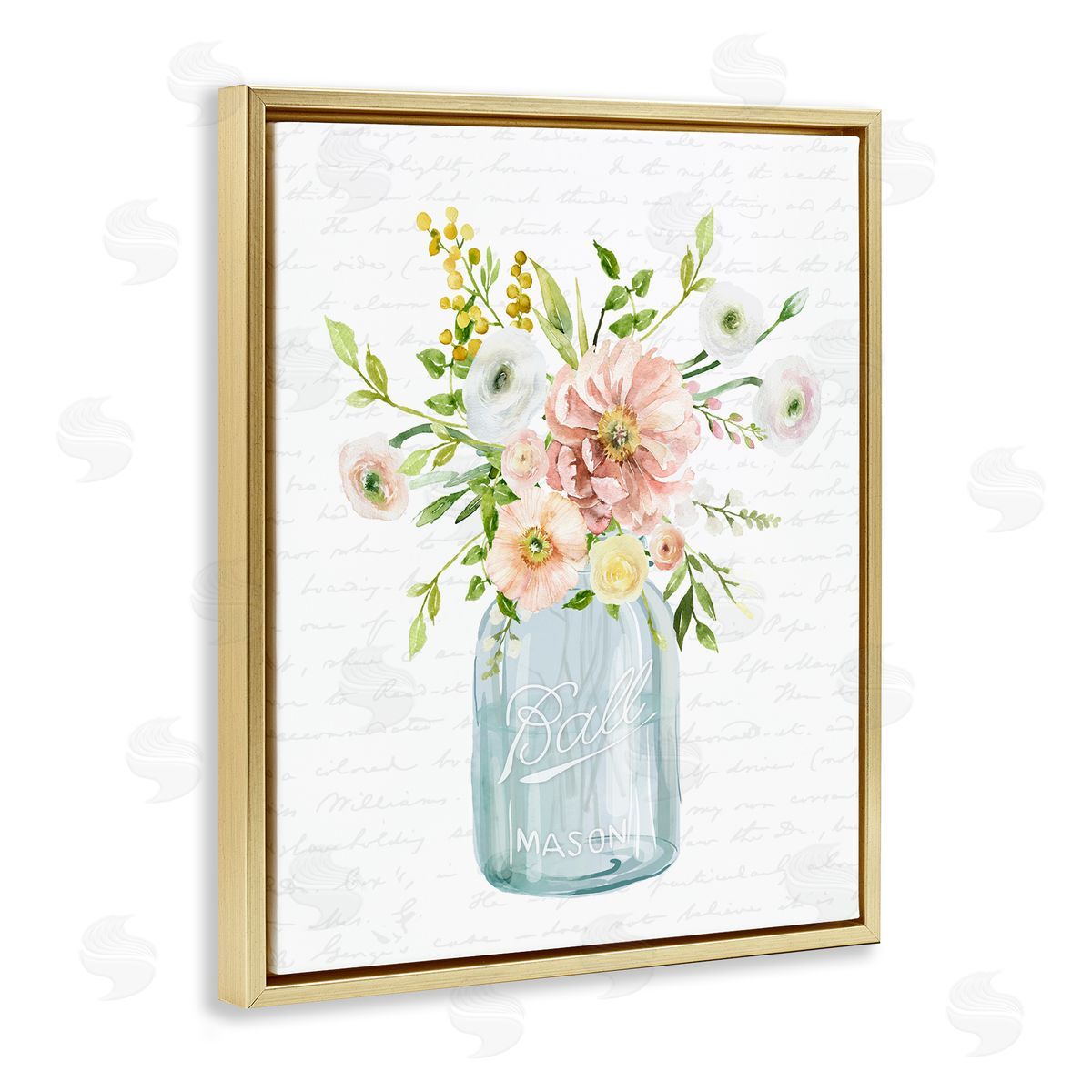Lettered and Lined Varied Flower Blossoms Botanical Leaves Patterned Words Gold Floating Frame Canvas Wall Art Print