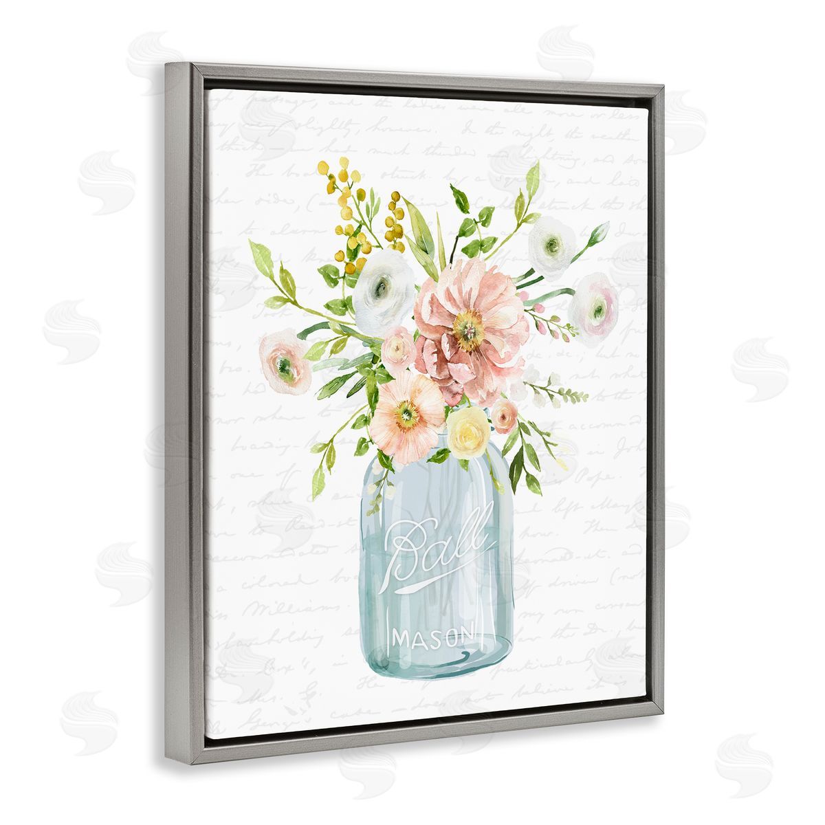 Lettered and Lined Varied Flower Blossoms Botanical Leaves Patterned Words Gray Floating Frame Canvas Wall Art Print