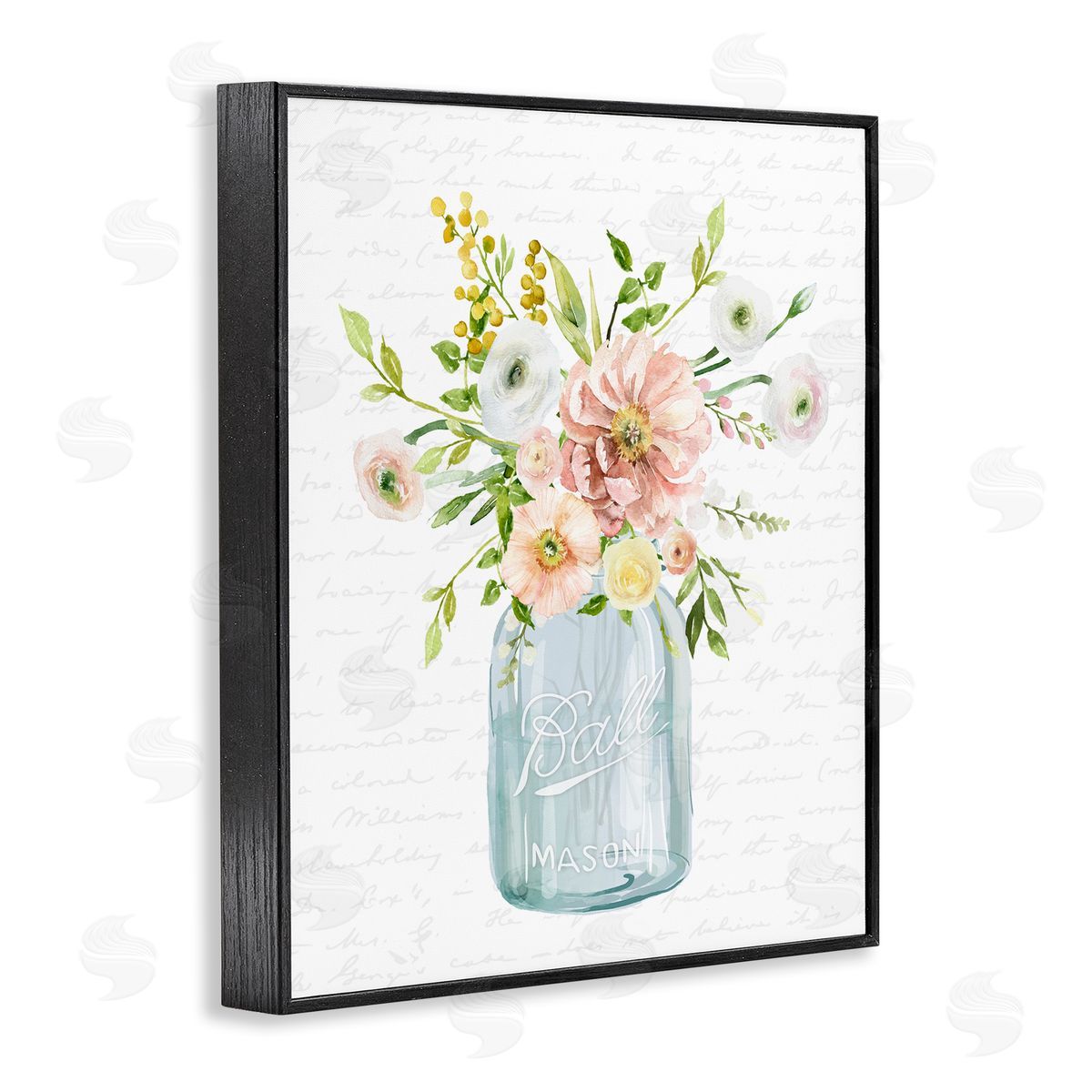 Lettered and Lined Varied Flower Blossoms Botanical Leaves Patterned Words Black Framed Giclee Wall Art Print