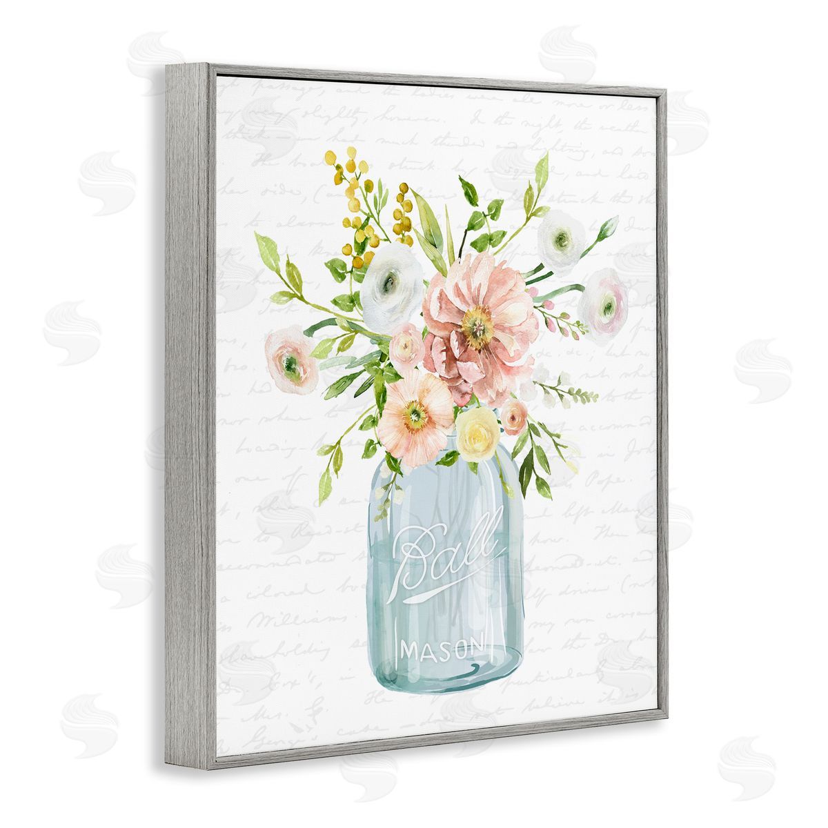 Lettered and Lined Varied Flower Blossoms Botanical Leaves Patterned Words Gray Framed Giclee Wall Art Print