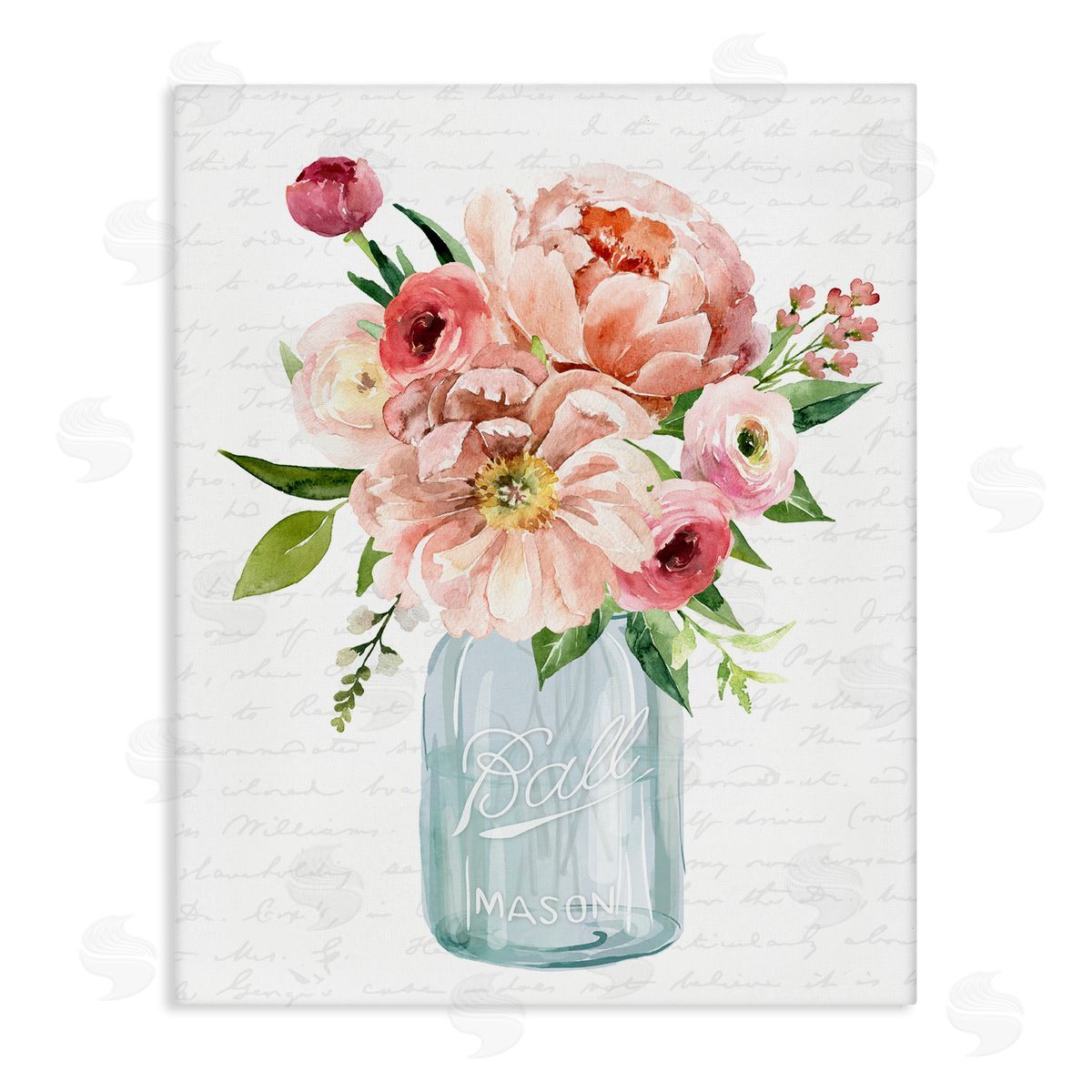 Lettered and Lined Pink Peony Flowers Jar Arrangement Script Pattern Stretched Canvas Wall Art Print
