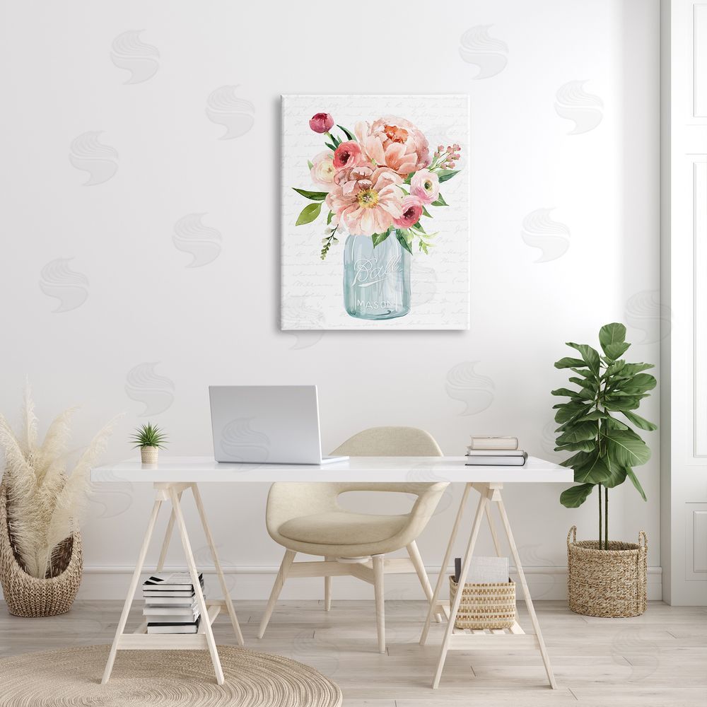 Lettered and Lined Pink Peony Flowers Jar Arrangement Script Pattern Canvas Wall Art Print in Room