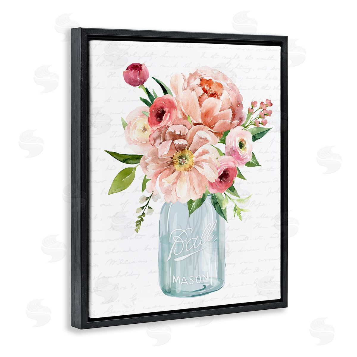 Lettered and Lined Pink Peony Flowers Jar Arrangement Script Pattern Black Floating Frame Canvas Wall Art Print