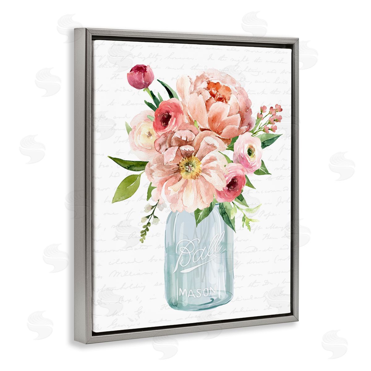 Lettered and Lined Pink Peony Flowers Jar Arrangement Script Pattern Gray Floating Frame Canvas Wall Art Print