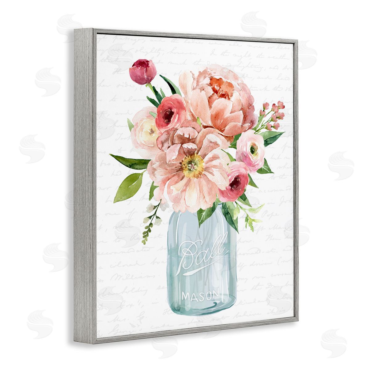 Lettered and Lined Pink Peony Flowers Jar Arrangement Script Pattern Gray Framed Giclee Wall Art Print