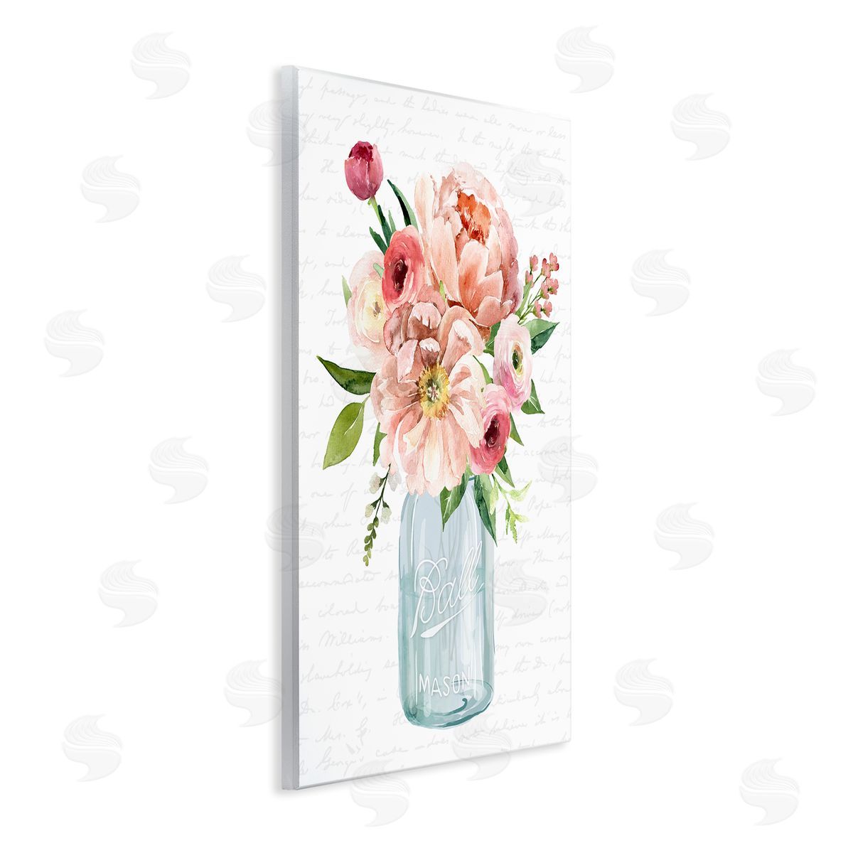 Lettered and Lined Pink Peony Flowers Jar Arrangement Script Pattern Wall Plaque Art Print