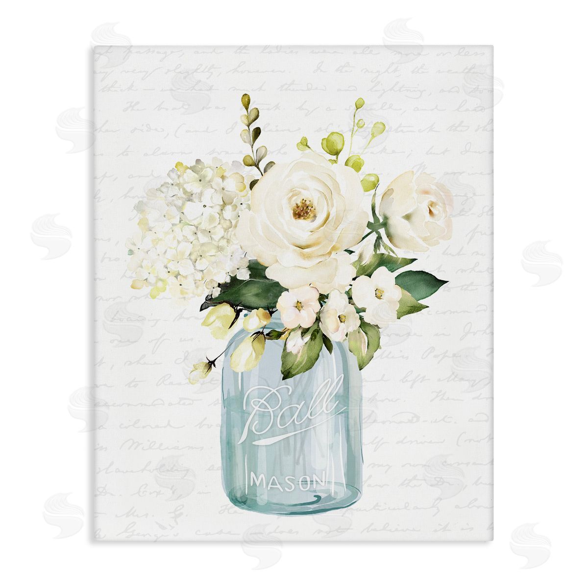 Lettered and Lined Classic White Flower Bouquet Vintage Text Script Stretched Canvas Wall Art Print