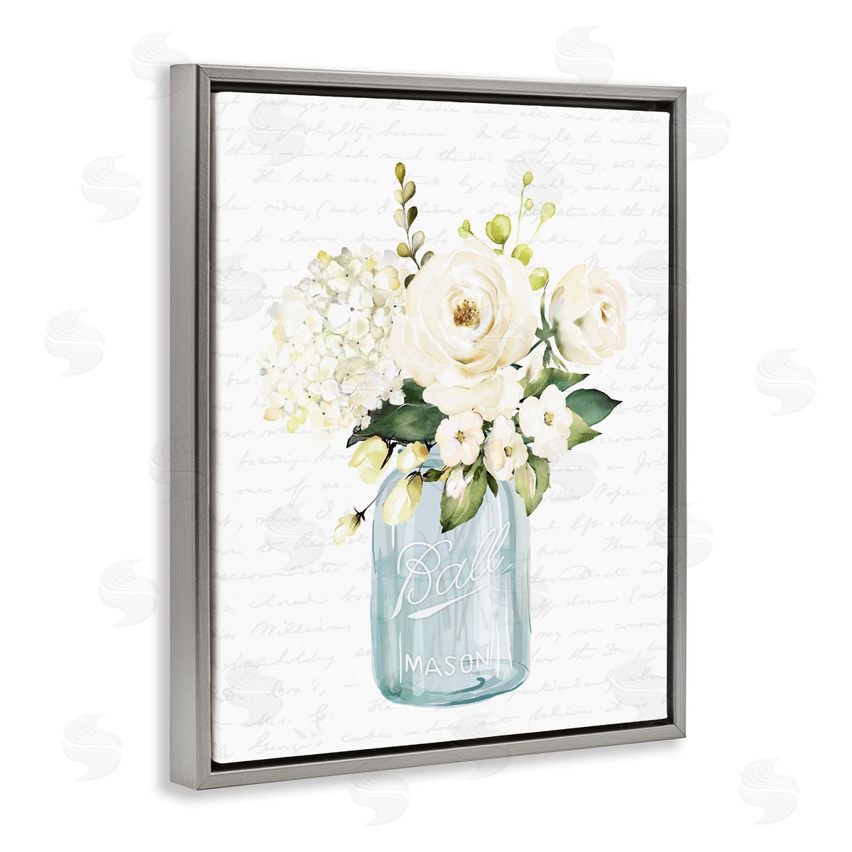 Lettered and Lined Classic White Flower Bouquet Vintage Text Script Gray Floating Frame Canvas Wall Art Print