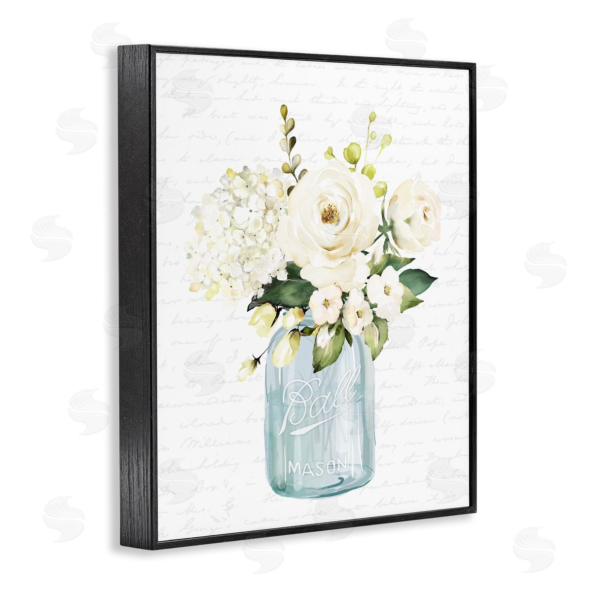 Lettered and Lined Classic White Flower Bouquet Vintage Text Script Black Framed Giclee Wall Art Print