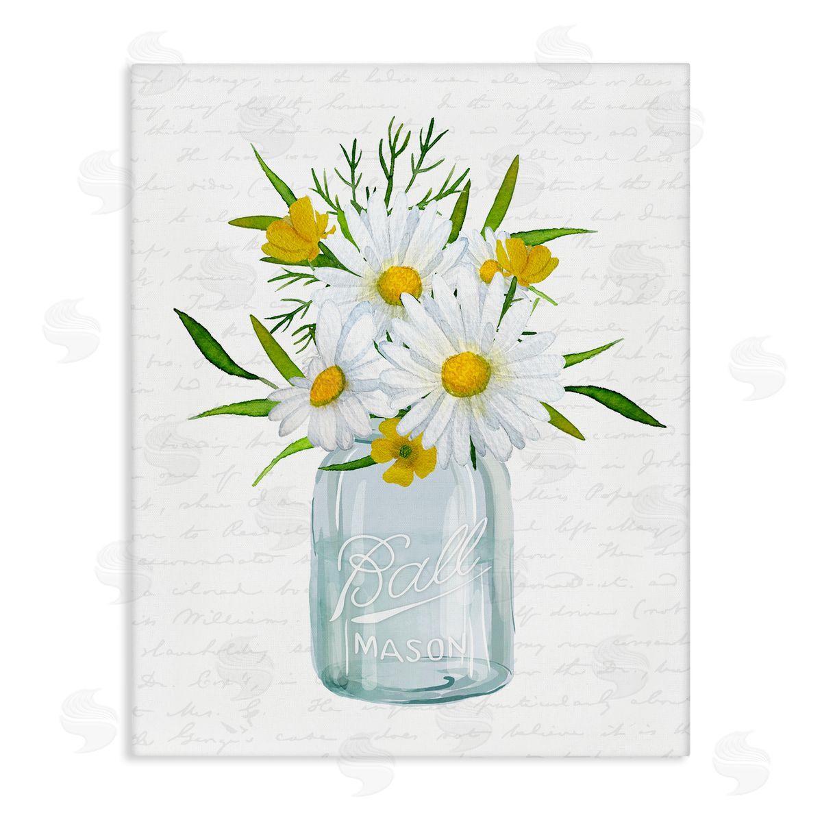 Lettered and Lined Summer Daisies Arrangement Country Bouquet Vintage Script Stretched Canvas Wall Art Print