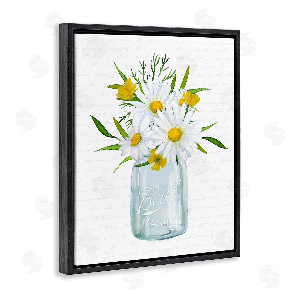 Lettered and Lined Summer Daisies Arrangement Country Bouquet Vintage Script Black Floating Frame Canvas Wall Art Print