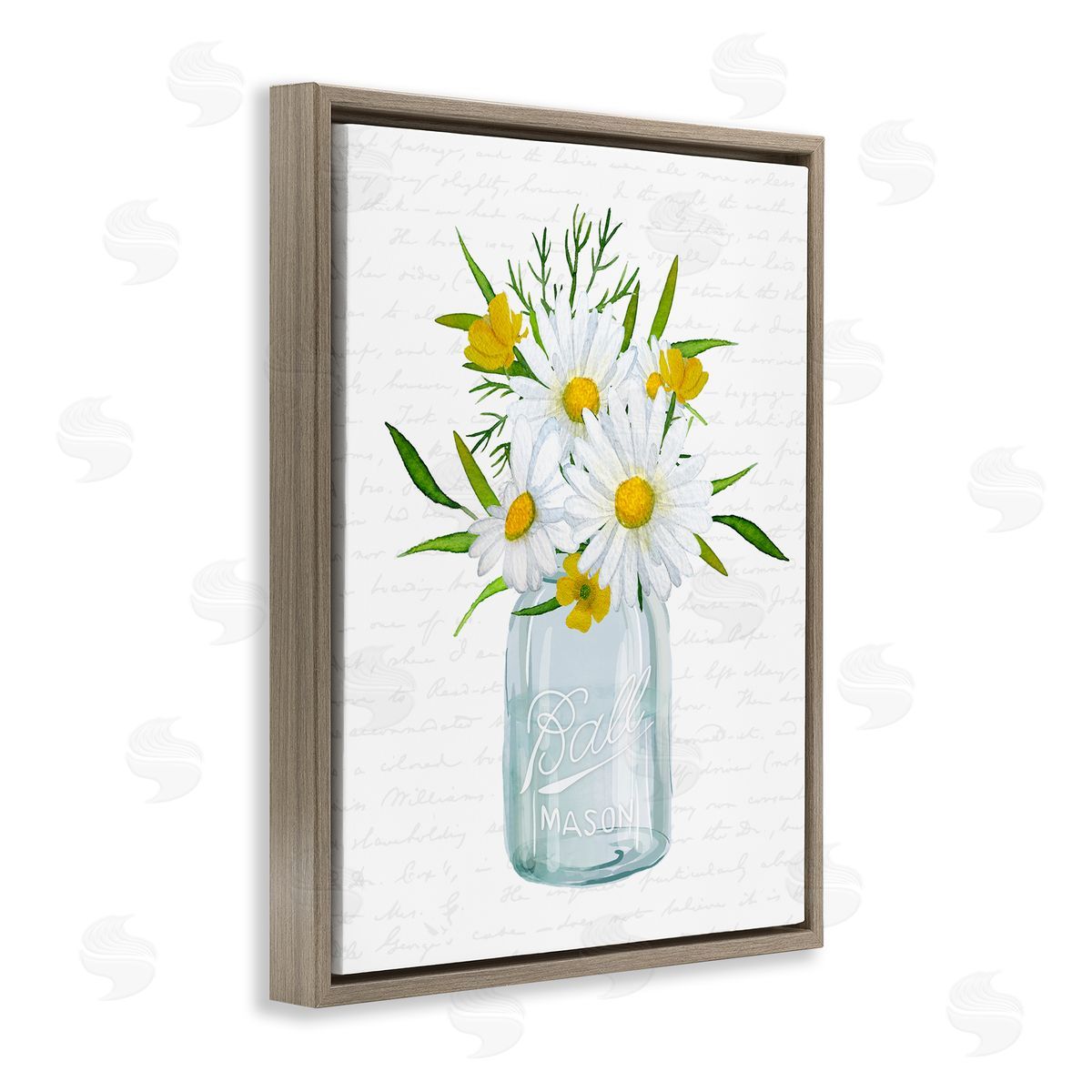 Lettered and Lined Summer Daisies Arrangement Country Bouquet Vintage Script Brown Floating Frame Canvas Wall Art Print