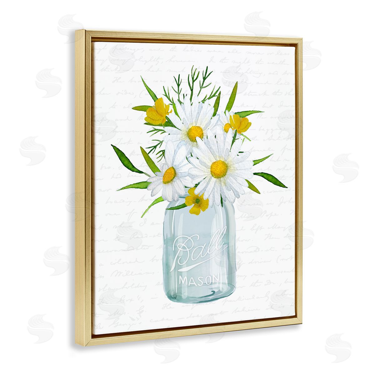 Lettered and Lined Summer Daisies Arrangement Country Bouquet Vintage Script Gold Floating Frame Canvas Wall Art Print