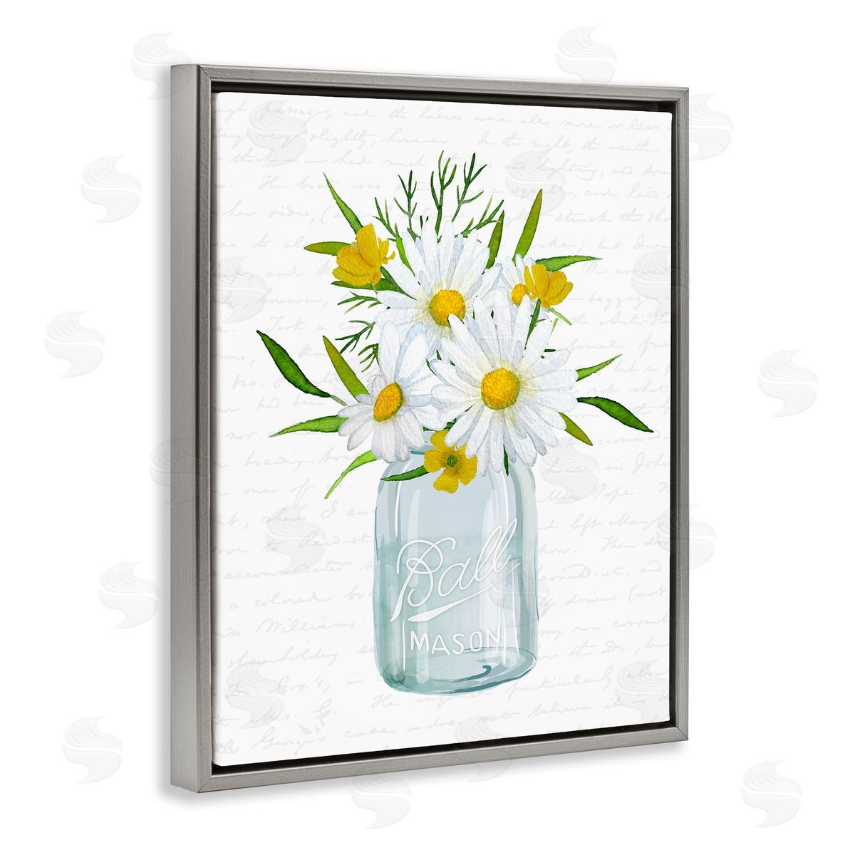 Lettered and Lined Summer Daisies Arrangement Country Bouquet Vintage Script Gray Floating Frame Canvas Wall Art Print