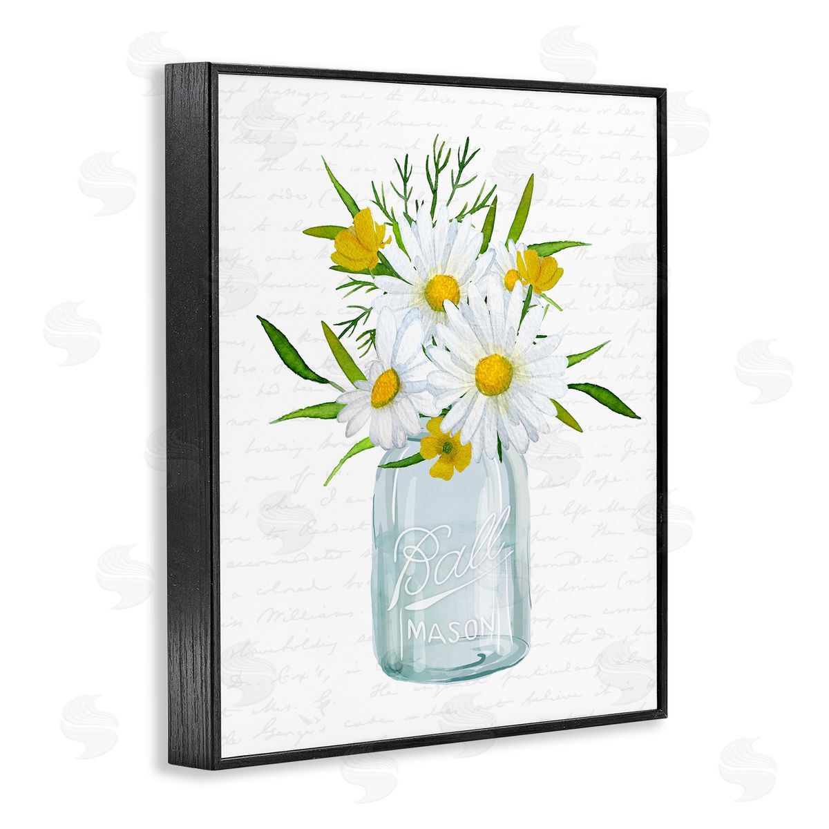 Lettered and Lined Summer Daisies Arrangement Country Bouquet Vintage Script Black Framed Giclee Wall Art Print