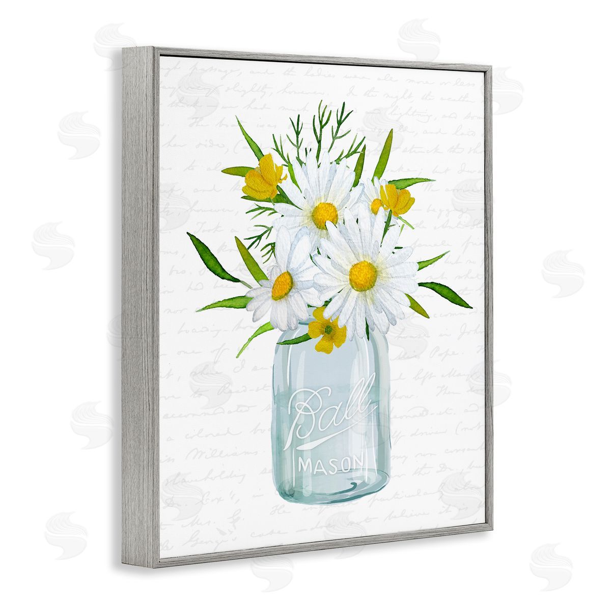 Lettered and Lined Summer Daisies Arrangement Country Bouquet Vintage Script Gray Framed Giclee Wall Art Print