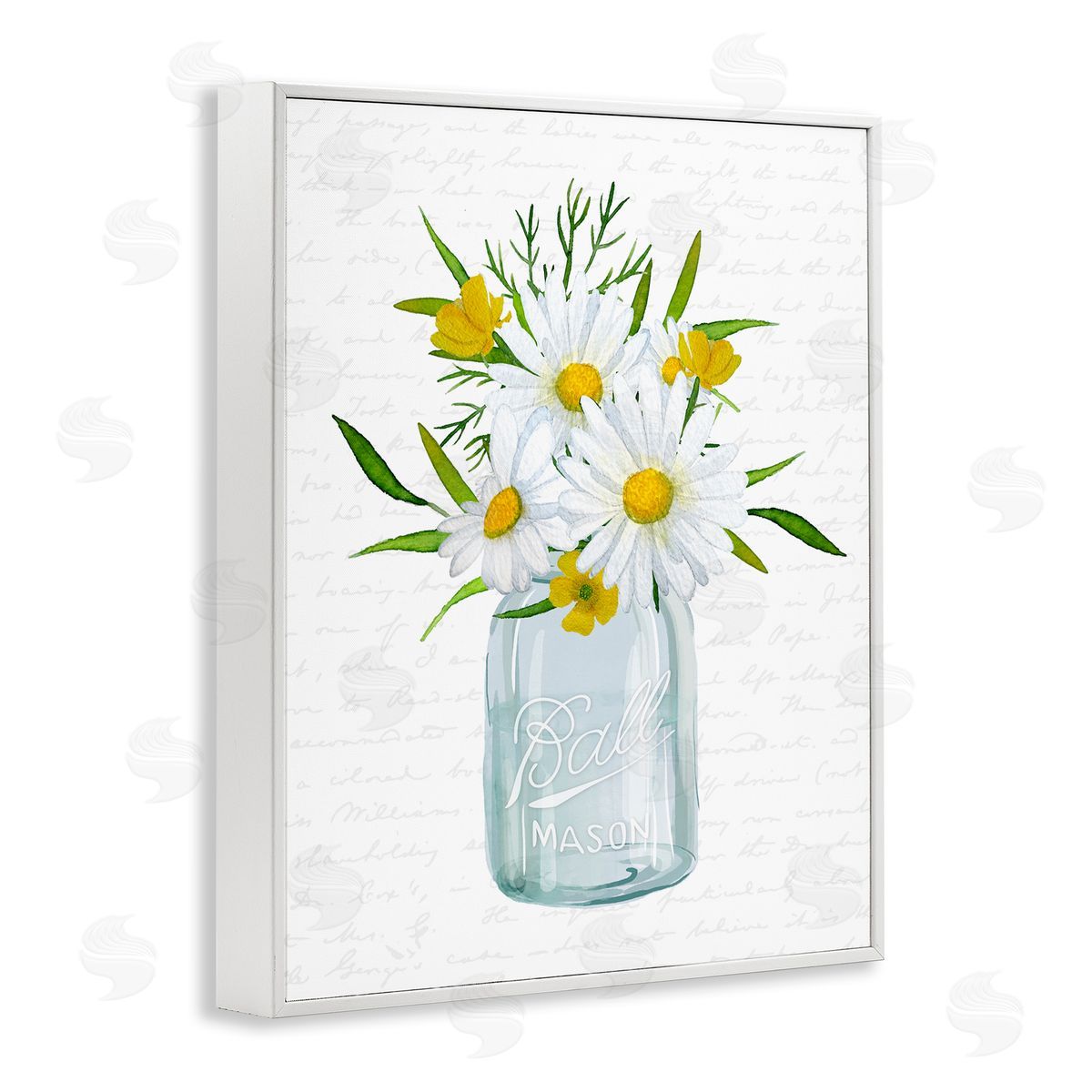Lettered and Lined Summer Daisies Arrangement Country Bouquet Vintage Script White Framed Giclee Wall Art Print