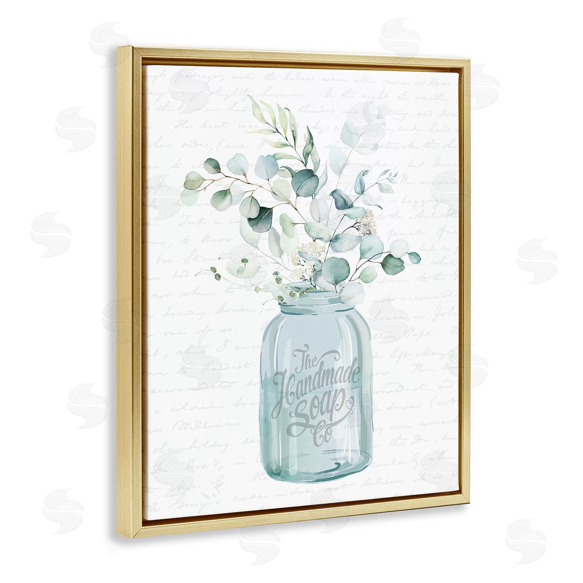 Lettered and Lined Botanical Sprigs Arrangement Vintage Jar Cursive Script Gold Floating Frame Canvas Wall Art Print