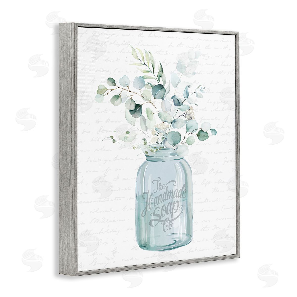 Lettered and Lined Botanical Sprigs Arrangement Vintage Jar Cursive Script Gray Framed Giclee Wall Art Print