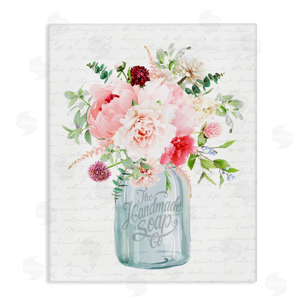 Lettered and Lined Bright Pink Floral Bouquet Cursive Script Pattern  Stretched Canvas Wall Art Print