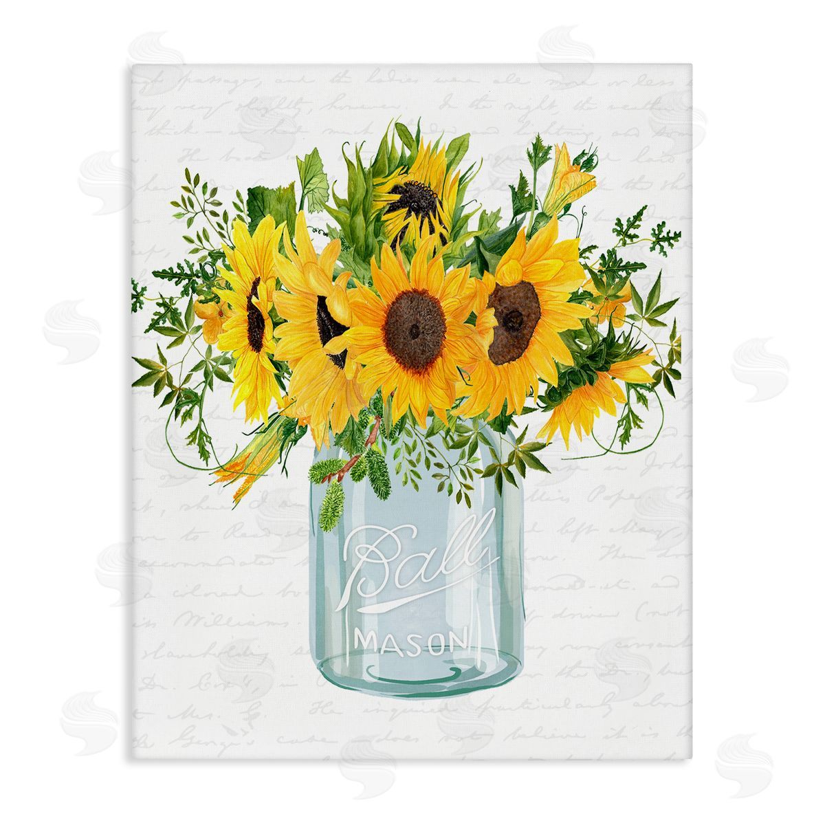 Lettered and Lined Country Sunflowers Bouquet Vintage Script Text Pattern Stretched Canvas Wall Art Print
