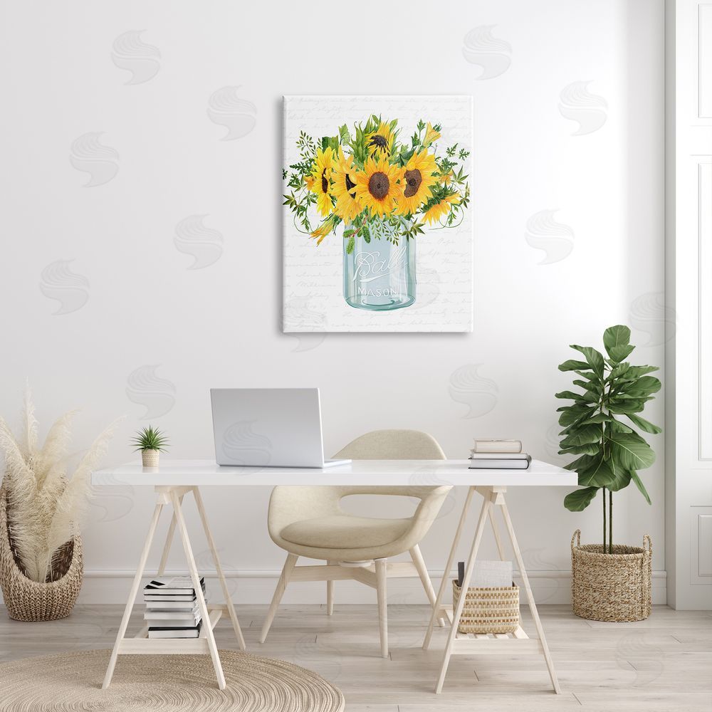 Lettered and Lined Country Sunflowers Bouquet Vintage Script Text Pattern Canvas Wall Art Print in Room