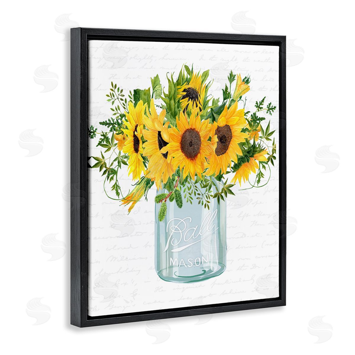 Lettered and Lined Country Sunflowers Bouquet Vintage Script Text Pattern Black Floating Frame Canvas Wall Art Print