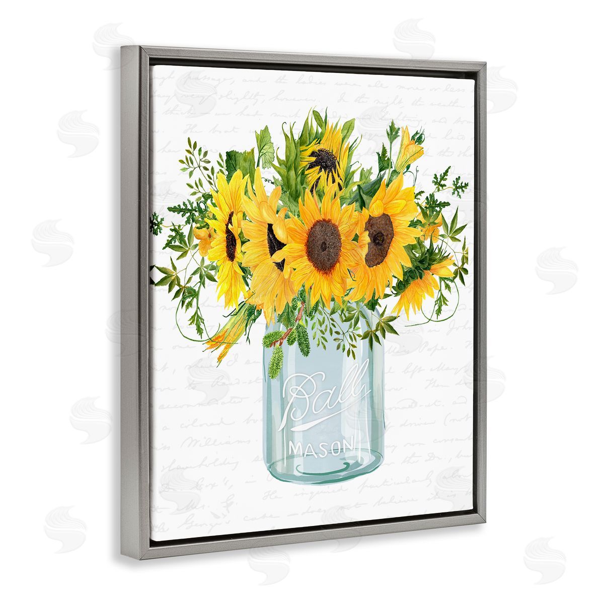 Lettered and Lined Country Sunflowers Bouquet Vintage Script Text Pattern Gray Floating Frame Canvas Wall Art Print