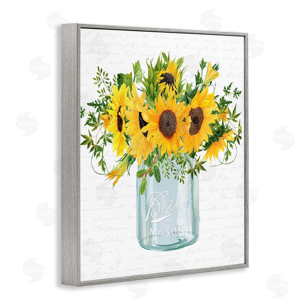 Lettered and Lined Country Sunflowers Bouquet Vintage Script Text Pattern Gray Framed Giclee Wall Art Print