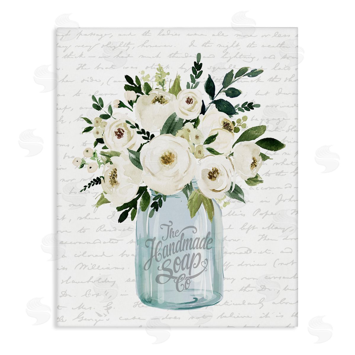 Lettered and Lined White Blooms Flower Bouquet Classic Jar Script Stretched Canvas Wall Art Print