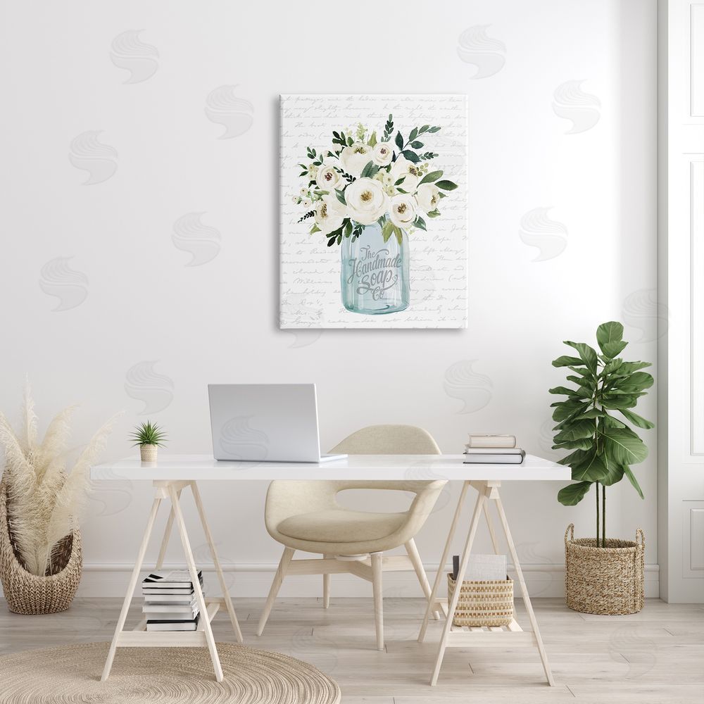 Lettered and Lined White Blooms Flower Bouquet Classic Jar Script Canvas Wall Art Print in Room