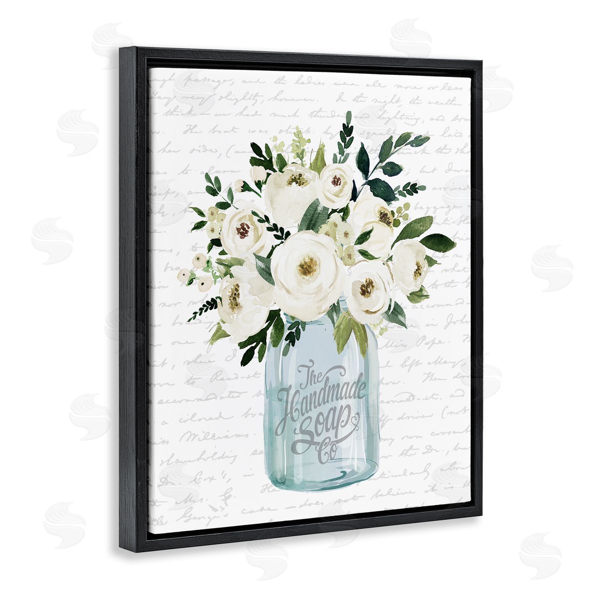 Lettered and Lined White Blooms Flower Bouquet Classic Jar Script Black Floating Frame Canvas Wall Art Print