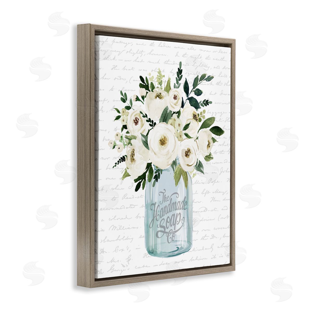 Lettered and Lined White Blooms Flower Bouquet Classic Jar Script Brown Floating Frame Canvas Wall Art Print