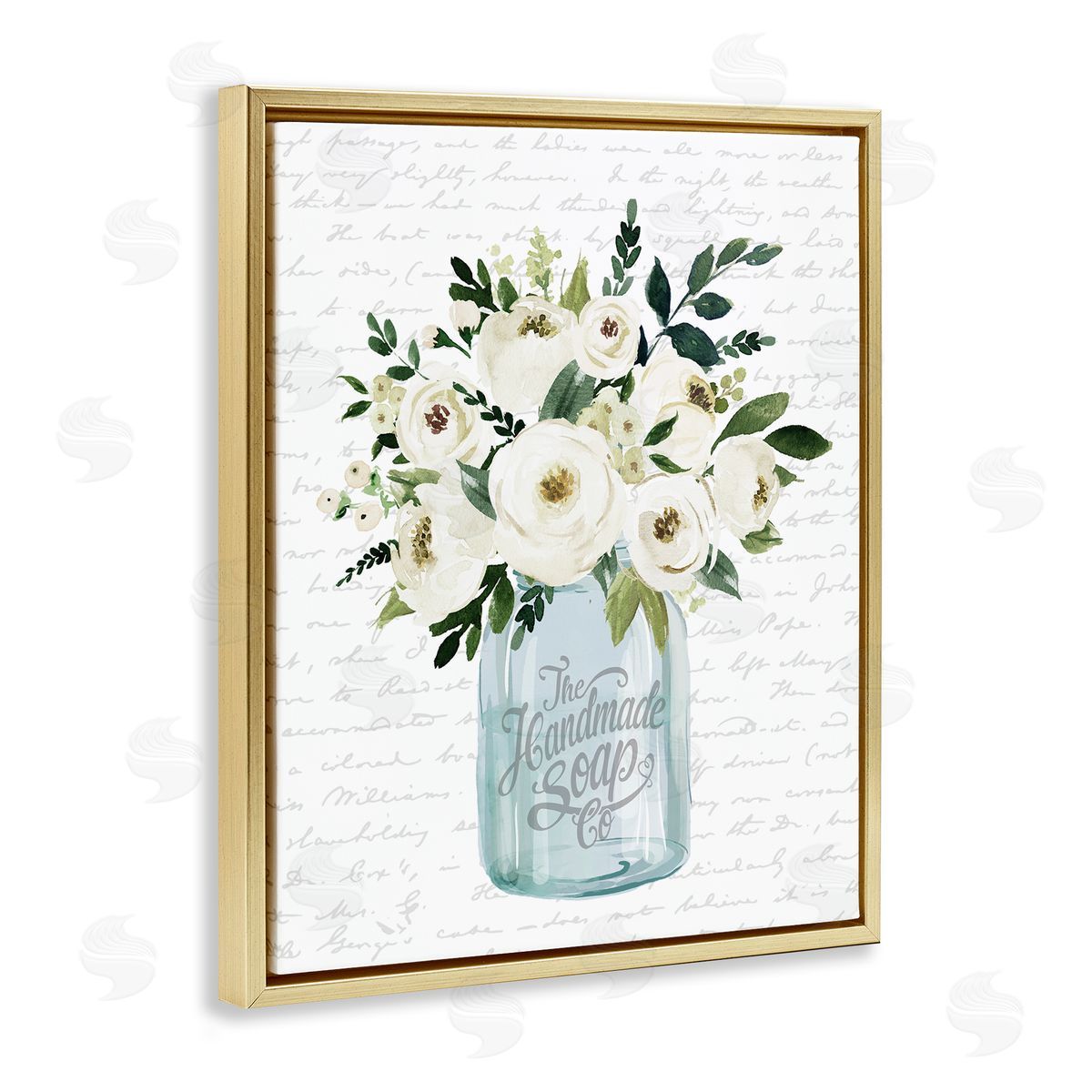 Lettered and Lined White Blooms Flower Bouquet Classic Jar Script Gold Floating Frame Canvas Wall Art Print