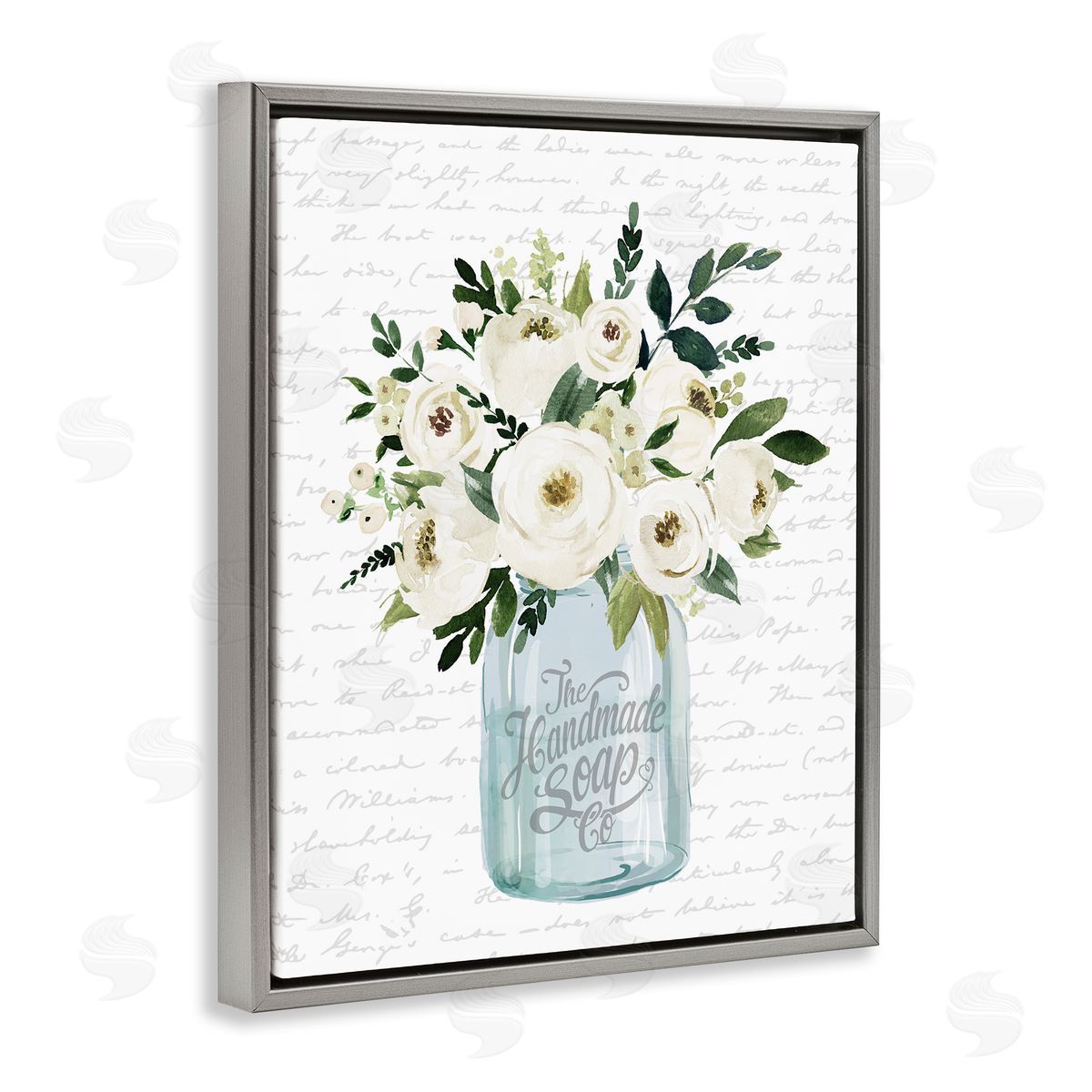 Lettered and Lined White Blooms Flower Bouquet Classic Jar Script Gray Floating Frame Canvas Wall Art Print