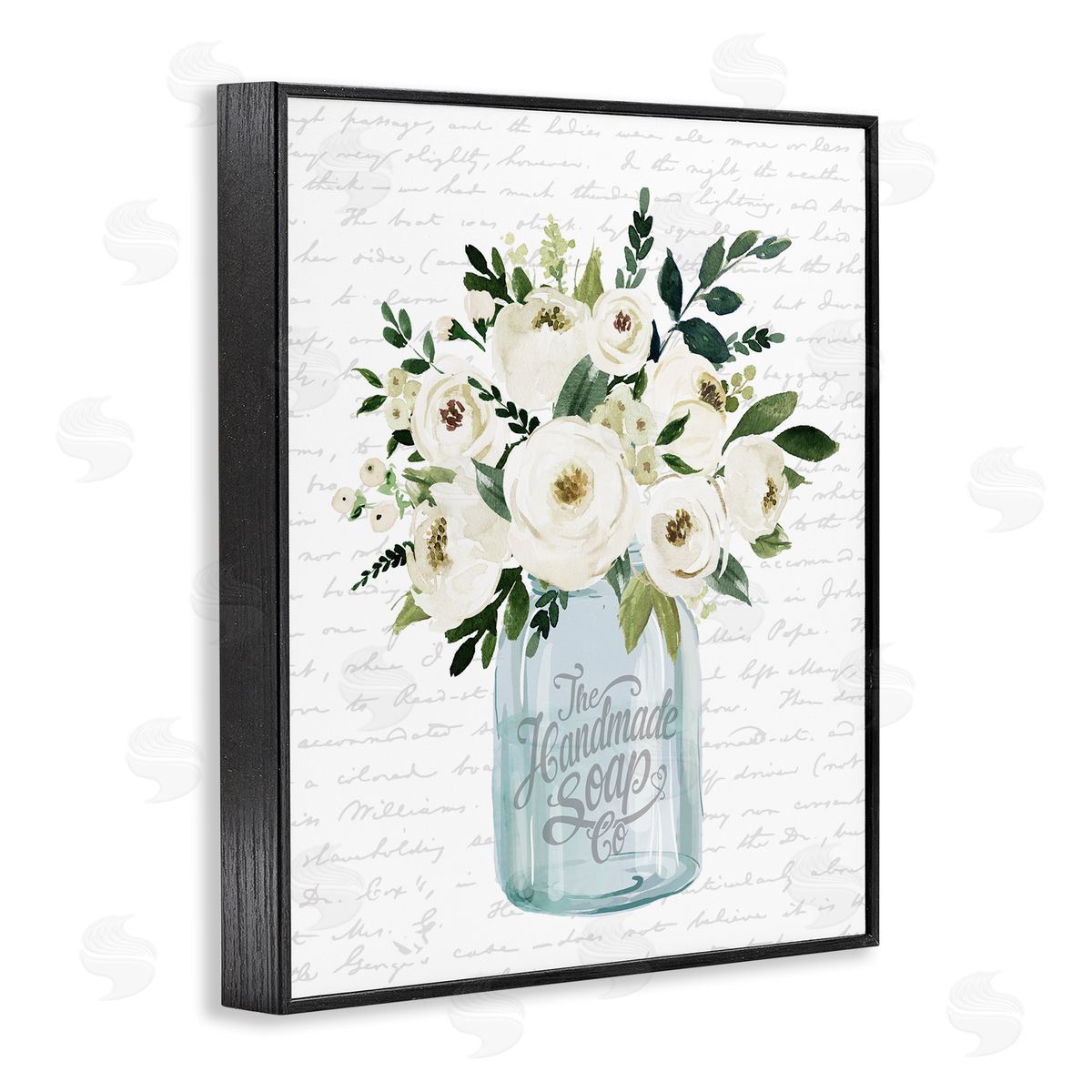 Lettered and Lined White Blooms Flower Bouquet Classic Jar Script Black Framed Giclee Wall Art Print