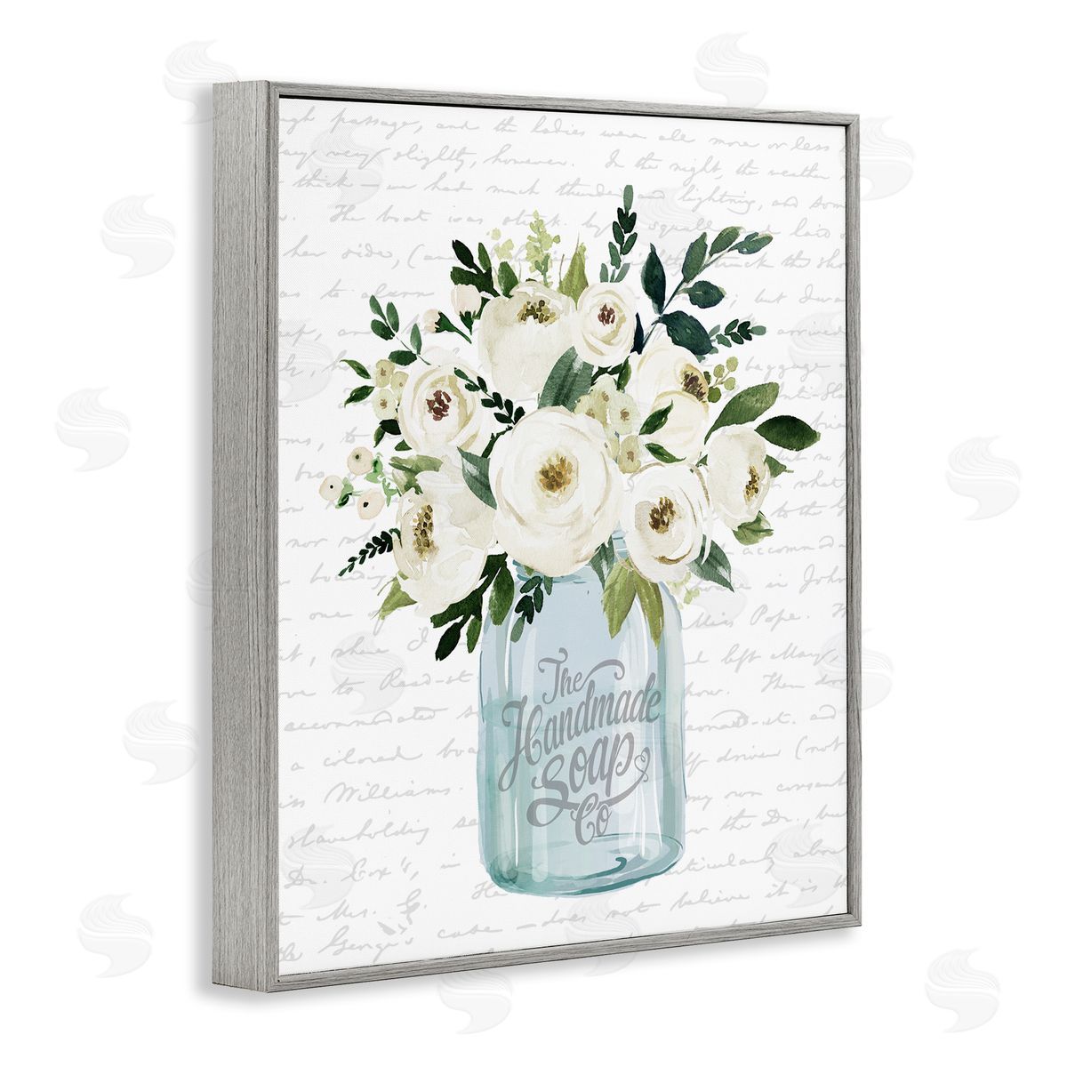 Lettered and Lined White Blooms Flower Bouquet Classic Jar Script Gray Framed Giclee Wall Art Print