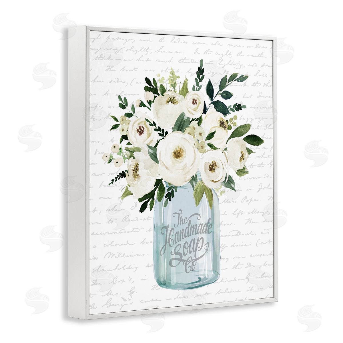 Lettered and Lined White Blooms Flower Bouquet Classic Jar Script White Framed Giclee Wall Art Print
