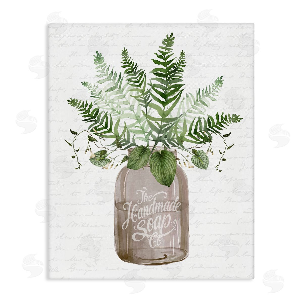 Lettered and Lined Mixed Green Leaves Botanical Bouquet Jar Cursive  Stretched Canvas Wall Art Print