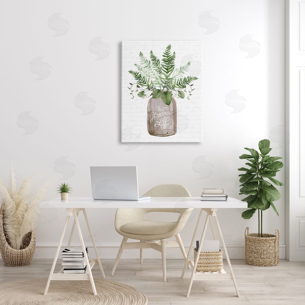 Lettered and Lined Mixed Green Leaves Botanical Bouquet Jar Cursive  Canvas Wall Art Print in Room
