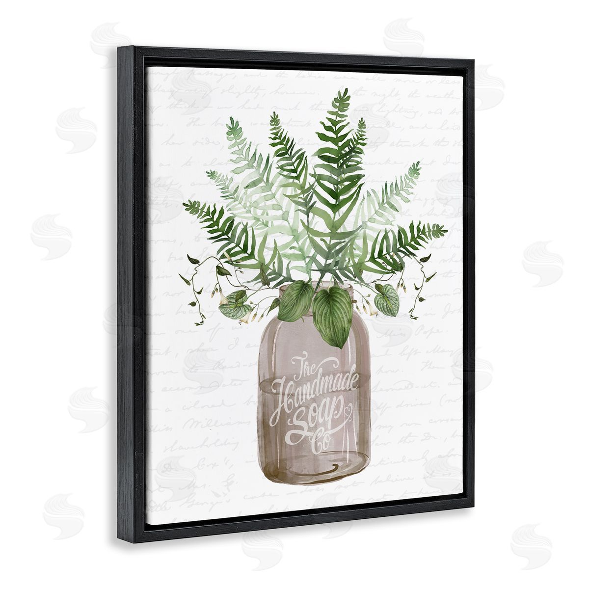 Lettered and Lined Mixed Green Leaves Botanical Bouquet Jar Cursive  Black Floating Frame Canvas Wall Art Print