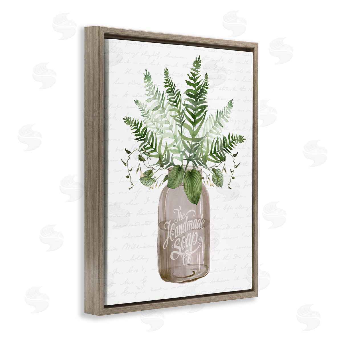 Lettered and Lined Mixed Green Leaves Botanical Bouquet Jar Cursive  Brown Floating Frame Canvas Wall Art Print