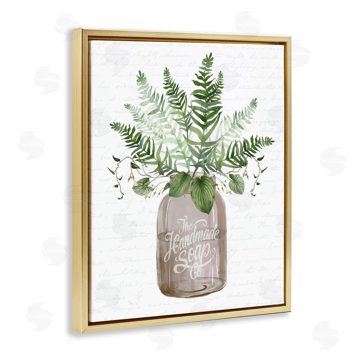 Lettered and Lined Mixed Green Leaves Botanical Bouquet Jar Cursive  Gold Floating Frame Canvas Wall Art Print