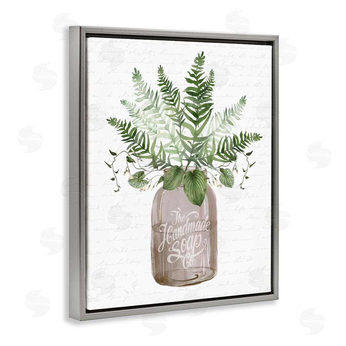 Lettered and Lined Mixed Green Leaves Botanical Bouquet Jar Cursive  Gray Floating Frame Canvas Wall Art Print