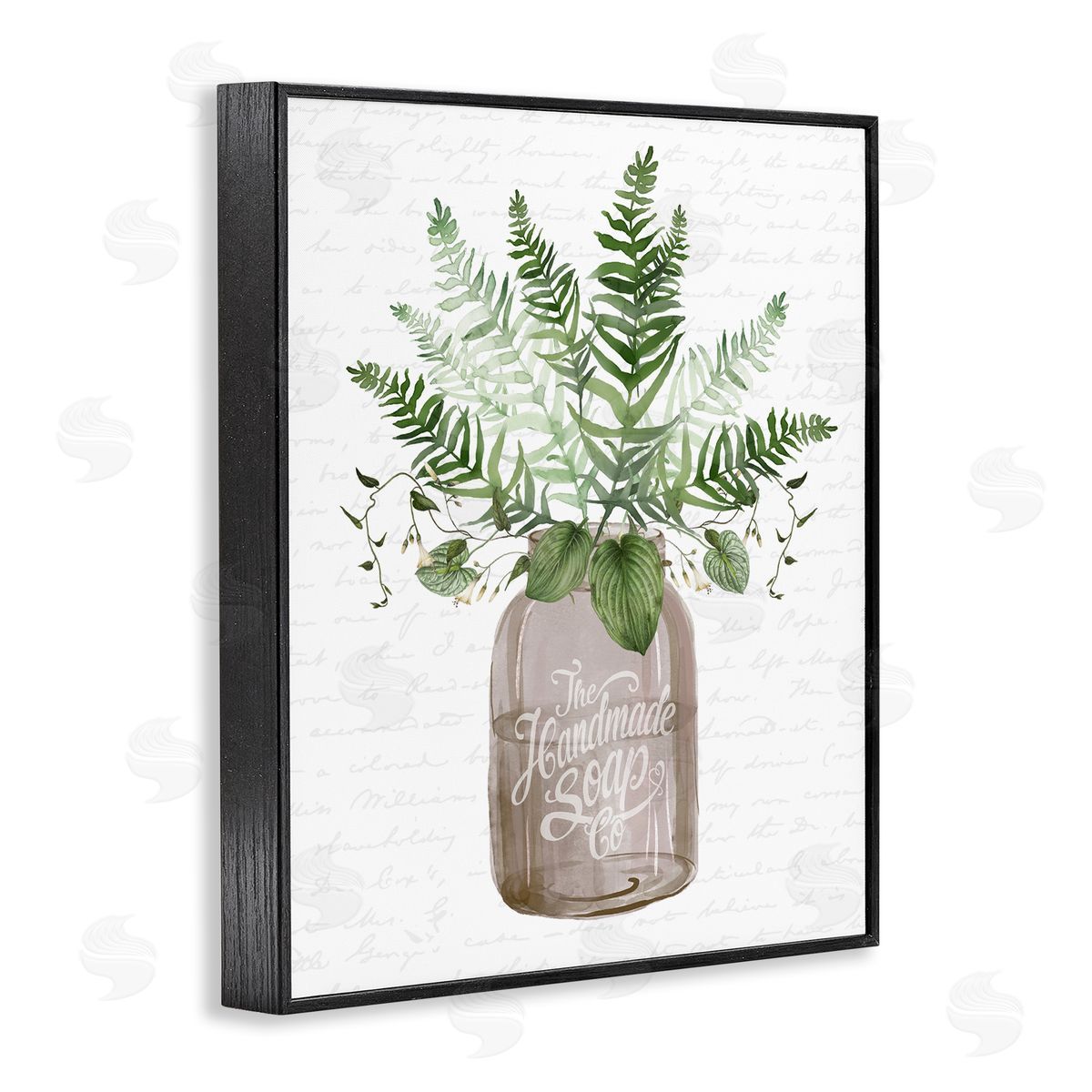 Lettered and Lined Mixed Green Leaves Botanical Bouquet Jar Cursive  Black Framed Giclee Wall Art Print