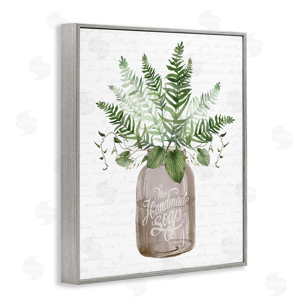 Lettered and Lined Mixed Green Leaves Botanical Bouquet Jar Cursive  Gray Framed Giclee Wall Art Print