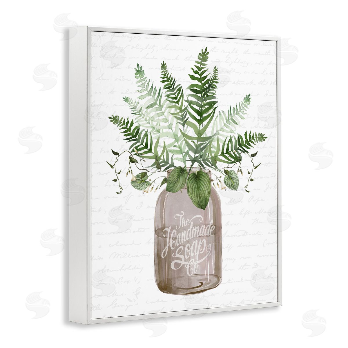 Lettered and Lined Mixed Green Leaves Botanical Bouquet Jar Cursive  White Framed Giclee Wall Art Print